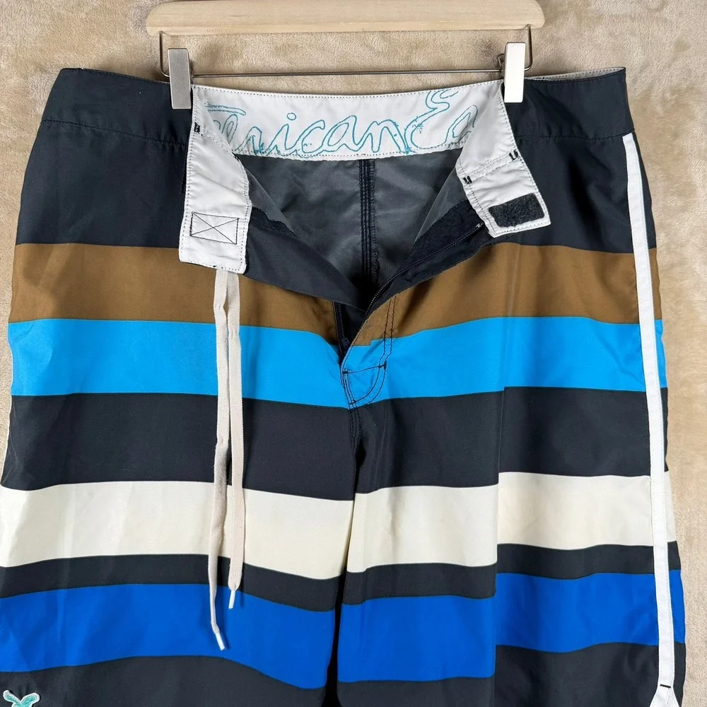 American Eagle Men‎ 38 Striped Board Shorts Colorblock Blk Blue Brown White Swim